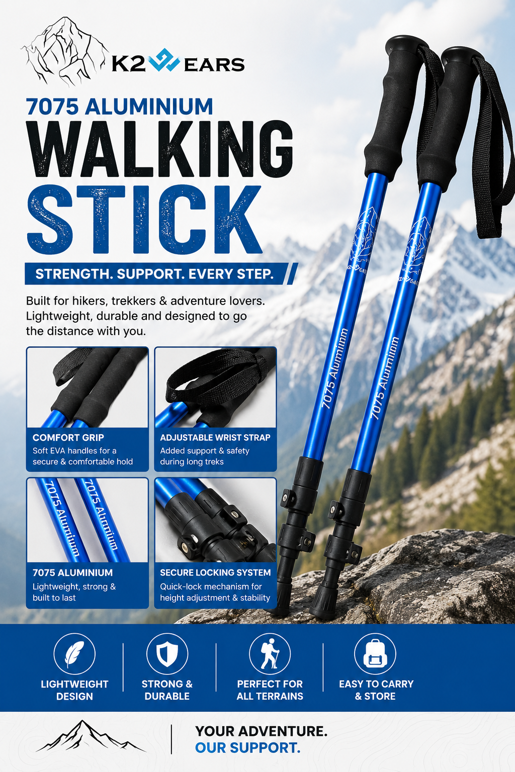 K2 Wear 7075 Aluminum Walking Sticks | Adjustable Lightweight Trekking Poles