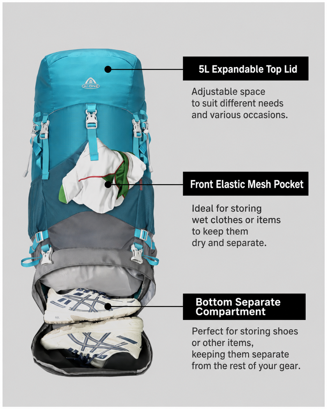 55L Hiking Backpack | Lightweight Waterproof Trekking Backpack – AI ONE