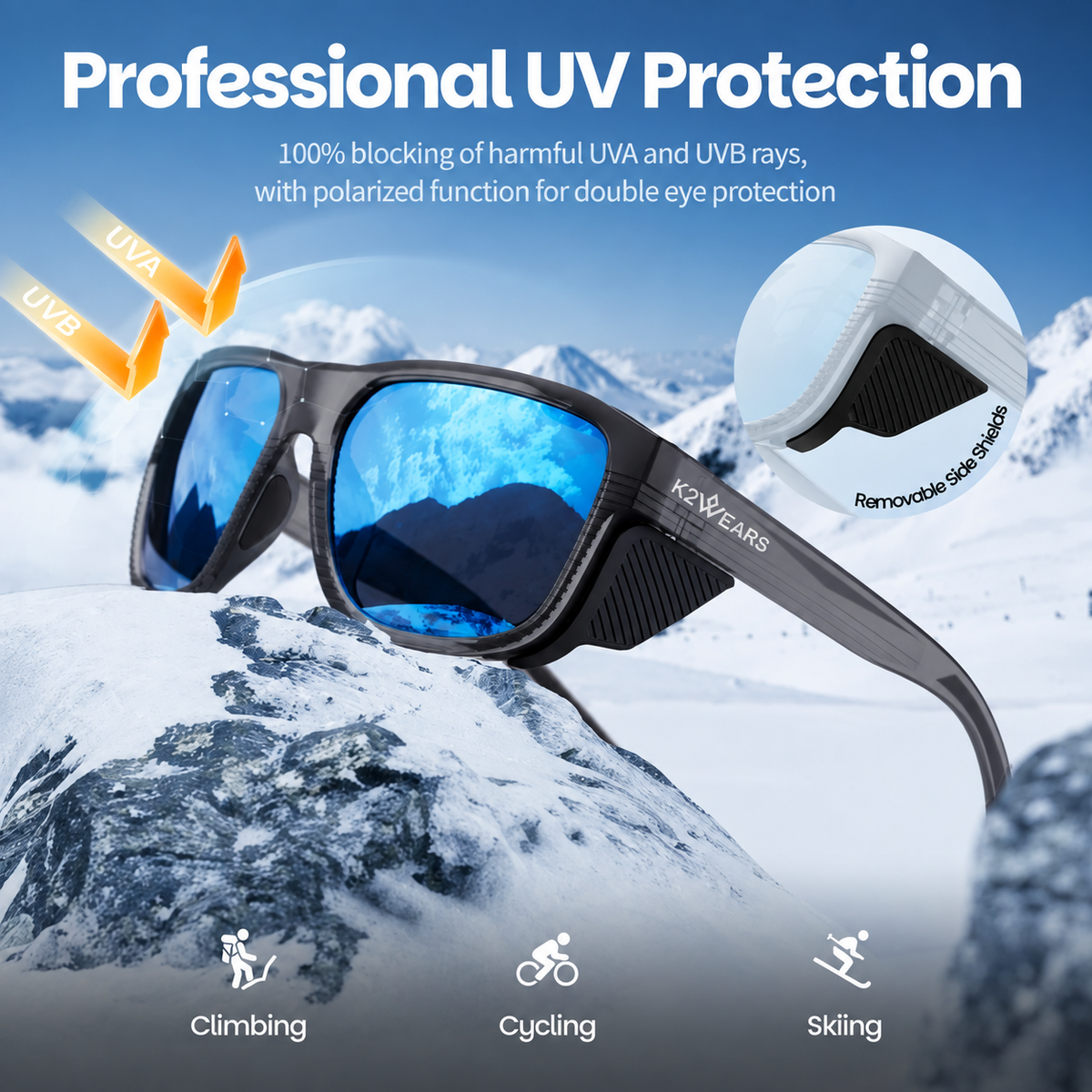 K2WEARS Alpine Shield – Polarized Outdoor Goggles with Removable Side Shields